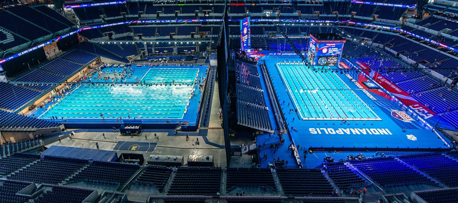 The USA 2024 Olympic Swim Trials transformed the Lucas Oil Stadium in Indianapolis into a state-of-the-art swim venue, building two Olympic-sized swimming pools within the stadium, separated by a partition. 